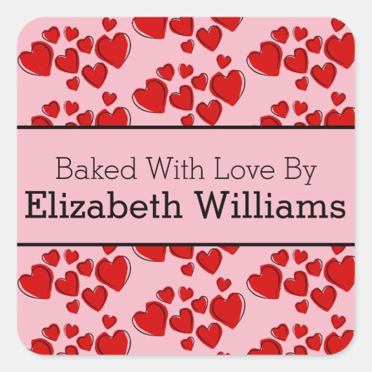 Sticker Carré Coeurs rouges sur le nom personnalisé cuits avec a (Devant)