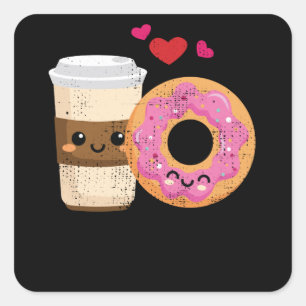 Sticker Carré Coffee Amusant Et Couple De Donut Kawaii Valentine