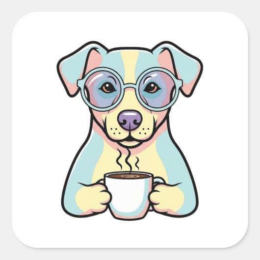 Sticker Carré Coffee Dog with Glasses – Cute Whimsical Illustrat (Devant)