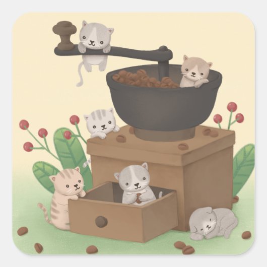 Sticker Carré Coffee Grinder & Kittens Illustration (Devant)