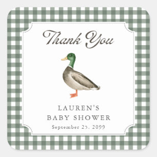 Sticker Carré Colcanard Canard Gingham Vert Baby Shower Merci