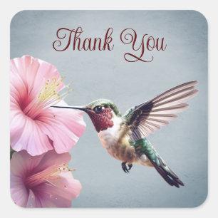 Sticker Carré Colibri et Hibiscus   Merci Mariage bleu