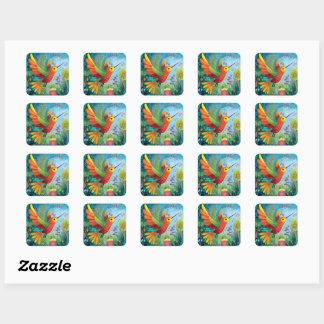 Sticker Carré Colibri œuvre d'art colorée
