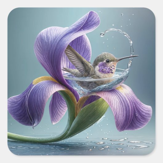 Sticker Carré Colibri Se Baigner Dans Une Fleur D'Iris (Devant)