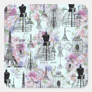 Sticker Carré Collage à rayures Vintages de la tour Eiffel