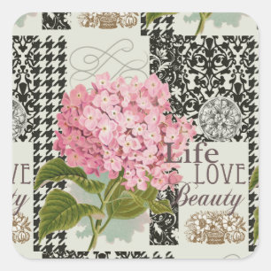 Sticker Carré Collage d'hortensia rose chic Art damassé vintage
