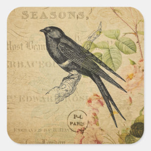 Sticker Carré Collage floral de bel oiseau vintage d'hirondelle