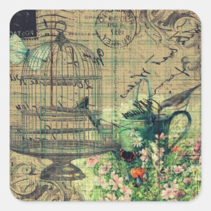 Sticker Carré Collage vintage avec jardin d'oiseaux et d'oiseaux