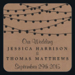 Sticker Carré Collection de Mariages Rustic Kraft<br><div class="desc">Simple mais élégant, les lampes à cordes de la collection rustique Kraft mariage est un design époustouflant avec de belles lumières à cordes blanches suspendues sur un arrière - plan à effet Kraft, qui est parfait pour toute célébration mariage rustique. Ces autocollants peuvent être personnalisés pour votre occasion spéciale et...</div>