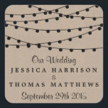 Sticker Carré Collection de Mariages Rustic Kraft<br><div class="desc">Simple mais élégant, les lampes à cordes de la collection rustique Kraft mariage est un design époustouflant avec de belles lumières à cordes blanches suspendues sur un arrière - plan à effet Kraft, qui est parfait pour toute célébration mariage rustique. Ces autocollants peuvent être personnalisés pour votre occasion spéciale et...</div>