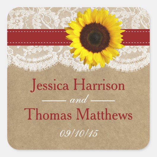 Sticker Carré Collection Kraft, dentelle et tournesol - Rouge (Devant)