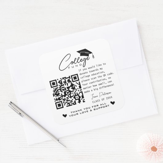 Sticker Carré College Fund Qr Code Black White Graduation Modern (Enveloppe)