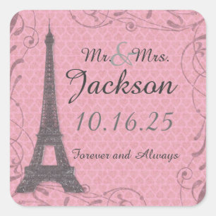 Sticker Carré Colonne de mariage personnalisée Tour Eiffel rose