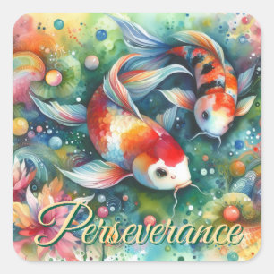 Sticker Carré Coloré Koi Poisson Whimsical Aquarelle Orange Turq