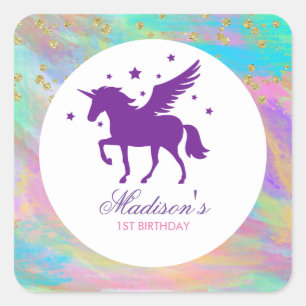 Sticker Carré Colorée Or Speckled violet Unicorn Anniversaire