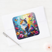 Sticker Carré Colorful Impasto Cat, Flowers and Butterflies (Enveloppe)