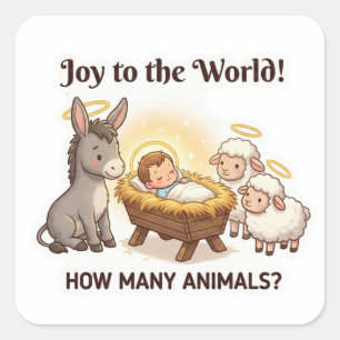 Sticker Carré Combien d'animaux? – Noël de la Nativité Mignonne