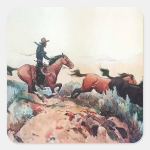 Sticker Carré « Come A-Runnin » Art occidental par Maynard Dixon