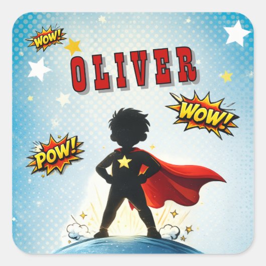 Sticker Carré Comic Style Superhero Boy's Name Birthday (Devant)