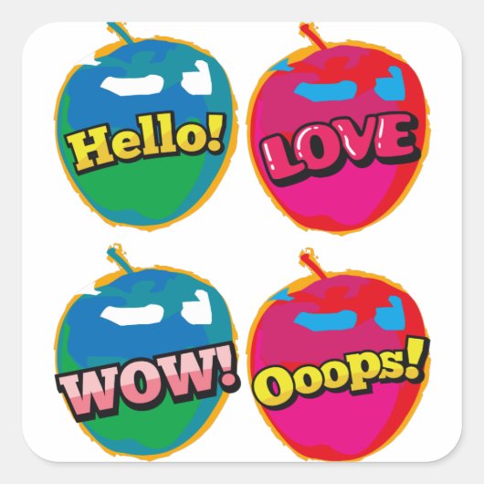 Sticker Carré Comic Wow Hello Love Pink Apple Pop Art (Devant)