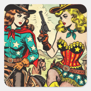 Sticker Carré Comics Western Cowgirl vintage
