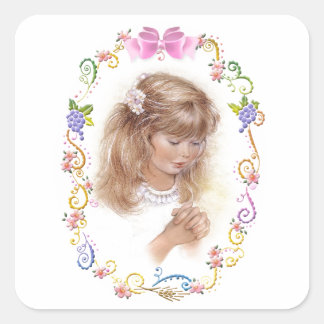 Sticker Carré Communion, fille de confirmation avec fleurs