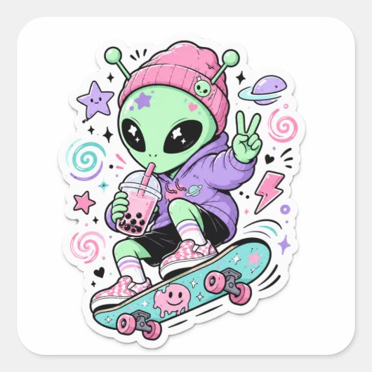 Sticker Carré Conception d'alien skater mignon (Devant)