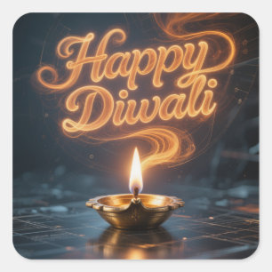 Sticker Carré Conception d'autocollant Diya Diwali radieux et he