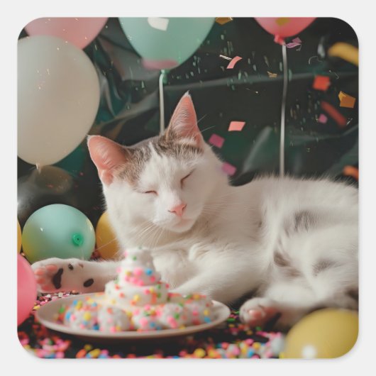 Sticker Carré Conception de célébration d'anniversaire de chat a (Devant)