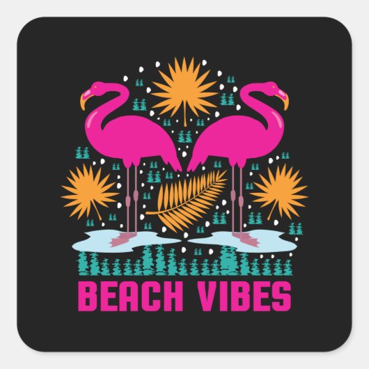 Sticker Carré Conception de flamants roses de vibes de plage (Devant)
