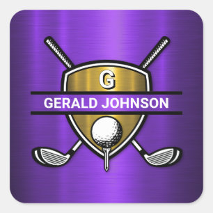 Sticker Carré Conception de monogramme de golf de bouclier d'or