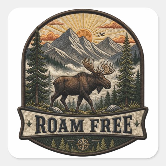 Sticker Carré Conception de patch brodé d'orignal Roam Free (Devant)