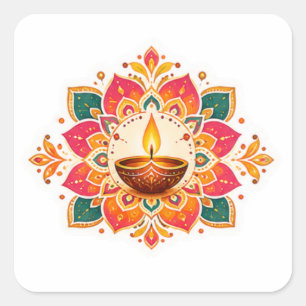 Sticker Carré Conception de vœux de Diwali Rangoli Diya Colorée