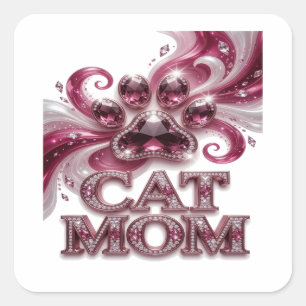 Sticker Carré Conception d'étiquette de MAMAN CHAT rose dynamiqu
