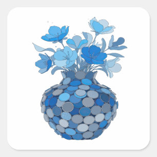 Sticker Carré Conception d'étiquette de VASE FLEURI BLEU frais