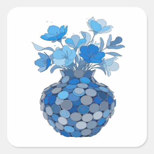 Sticker Carré Conception d'étiquette de VASE FLEURI BLEU frais (Devant)