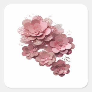 Sticker Carré Conception d'étiquette FLEURS PAILLETES ROSE argen