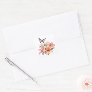 Sticker Carré Conception florale et papillon élégante et mignonn
