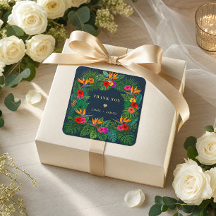 Sticker Carré Conception Florale Tropicale Hibiscus & Feuillag