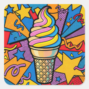 Sticker Carré Cône de glace et pop art de confettis