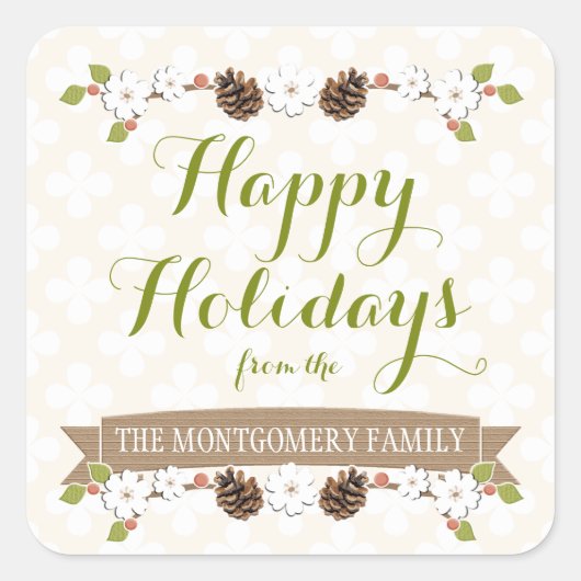 Sticker Carré Cône de pin et laurier à fleurs avec baies (Devant)