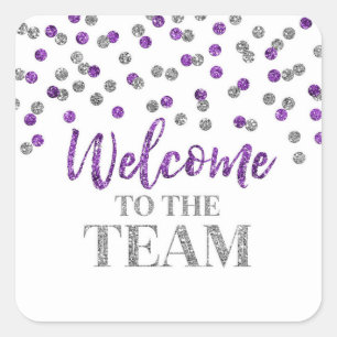 Sticker Carré Confetti d'argent violet Bienvenue dans l'équipe
