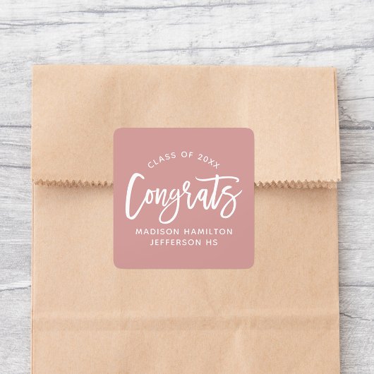 Sticker Carré Congrats Moderne Script Dusty Rose Graduation