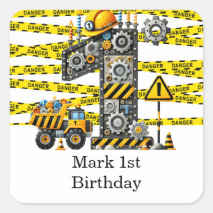 Sticker Carré Construction 1ère fête d'anniversaire