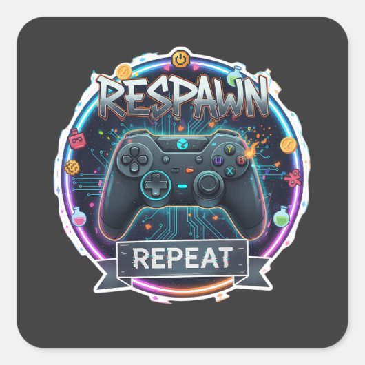 Sticker Carré Contrôleur Gamer Respawn et Repeat (Devant)