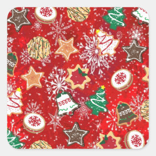 Sticker Carré Cookies de Noël et flocons de neige en rouge