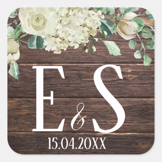Sticker Carré Cool Bois rustique monogramme mariage date (Devant)