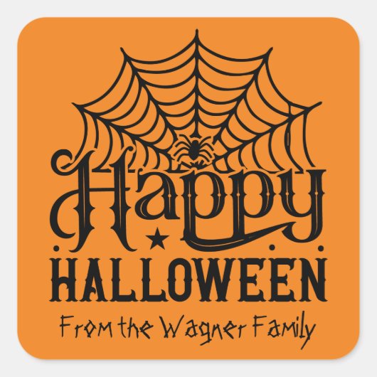 Sticker Carré Cool Happy Halloween spider ajouter nom (Devant)