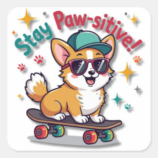 Sticker Carré Cool Kawaii Corgi sur un skateboard