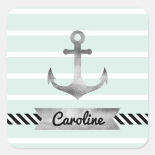 Sticker Carré Cool Nautical Mint Stripes Ancre personnalisée